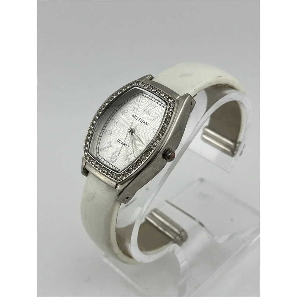 Waltham Watch Women 30mm Silver Case Crystal Bezel White Bangle Band New Battery